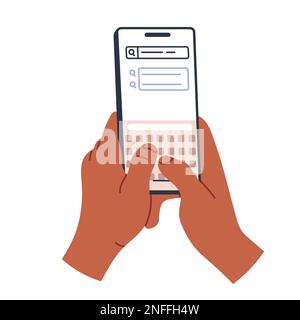 Telefono in mano. Scorrimento, ricerca di informazioni, social network. Illustrazione del vettore piatto Illustrazione Vettoriale
