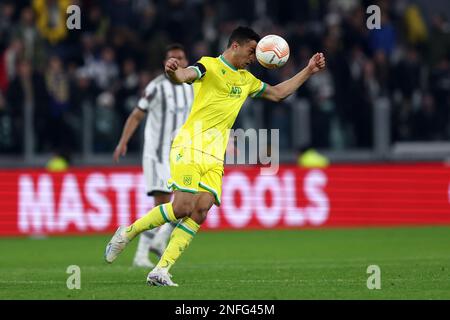 Mostafa Mohamed del FC Nantes in azione durante la partita di calcio della UEFA Europa League di calcio finale di una partita tra Juventus e FC Nantes allo stadio Allianz il 16 febbraio 2023 a Torino Foto Stock