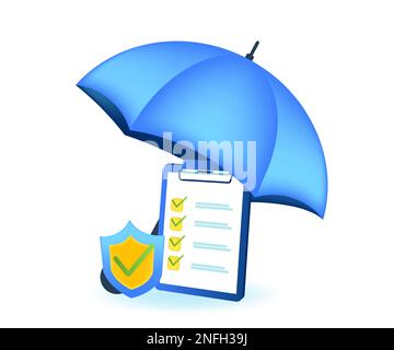 Business o concetto di assicurazione sanitaria. Vettore di una clipboard e di un modulo di richiesta con segni di spunta sotto l'ombrello Illustrazione Vettoriale