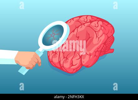 Vettore di una mano medico ricercatore con lente d'ingrandimento che analizza il cervello umano e la rete neuronale Illustrazione Vettoriale
