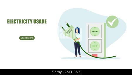 Vettore di una donna che scollega gli elettrodomestici per ridurre il consumo energetico a casa. Illustrazione Vettoriale