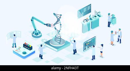 Vettore isometrico di un laboratorio medico con scienziati che esplorano la struttura molecolare del dna su moderne apparecchiature di laboratorio che conducono la testina genetica Illustrazione Vettoriale