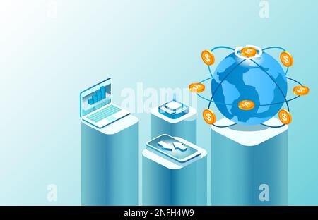 Scambio di denaro vettoriale isometrico, Global banking, credito, strumenti finanziari online, concetto di analisi dei dati di mercato Illustrazione Vettoriale