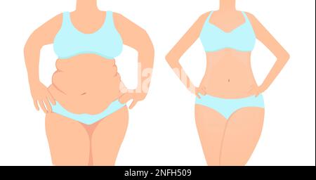 Vettore di una donna prima e dopo la dieta pesano la perdita. Grasso vs donna snella Illustrazione Vettoriale