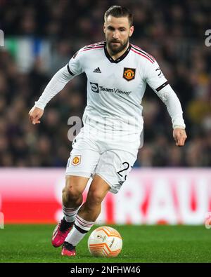 Luke Shaw del Manchester United durante la partita la Liga tra il FC Barcelona e il Manchester United ha giocato allo Stadio Spotify Camp Nou il 16 febbraio 2023 a Barcellona, Spagna. (Foto di Sergio Ruiz / PRESSIN) Foto Stock