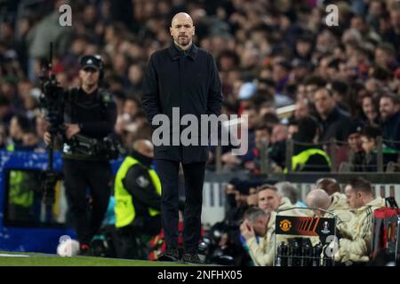 L'allenatore capo del Manchester United Erik Ten Hag durante la partita la Liga tra il FC Barcelona e il Manchester United ha giocato allo Stadio Spotify Camp Nou il 16 febbraio 2023 a Barcellona, Spagna. (Foto di Sergio Ruiz / PRESSIN) Foto Stock