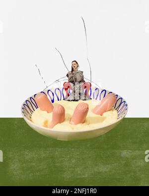 Fotografia di arte pop del cibo. Surrealismo. Nuove idee, umore pazzo. Collage d'arte contemporanea. Concetto di creatività, degustazione, arte surreale, stile retrò. Foto Stock