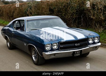 Chevrolet Chevelle SS 454 Car lascia Hook Norton Brewery Inghilterra uk.12 febbraio 2023 Foto Stock