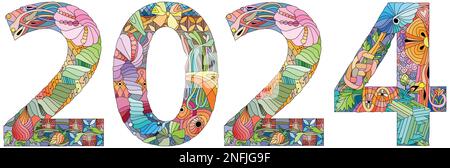 2024 testo del logo. Modello di disegno poster tipografico di celebrazione, banner o biglietto d'auguri per Felice Anno Nuovo. Illustrazione Vettoriale