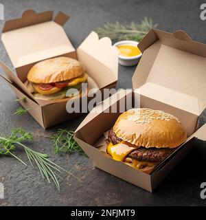 Cibo di strada. Hamburger con polpette in scatole di carta. consegna di cibo. Foto Stock