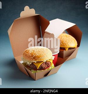 Cibo di strada. Hamburger con polpette in scatole di carta. consegna di cibo. Foto Stock