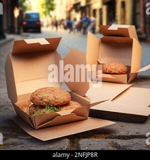 Cibo di strada. Hamburger con polpette in scatole di carta. consegna di cibo. Foto Stock