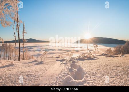 Orme del primo scalatore a raggiungere la cima durante l'alba sulle montagne di Beskydy, repubblica Ceca. Panorama invernale mozzafiato con vista sulla pennsylvania Foto Stock