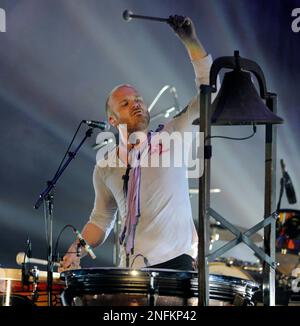 Will Champion of Coldplay, performs during the band's Music of the Spheres  world tour on Thursday, May 12, 2022, at State Farm Stadium in Glendale,  Ariz. (Photo by Rick Scuteri/Invision/AP Stock Photo 
