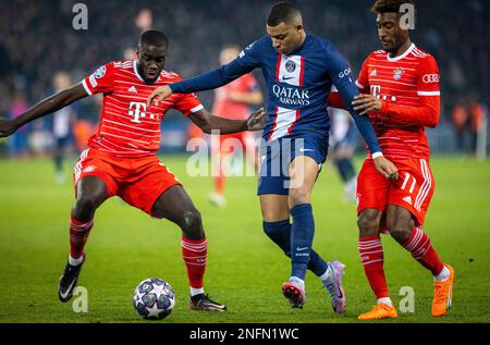 Parigi, Francia. 14th Feb, 2023. Dayot Upamecano (Muenchen), Kylian Mbappe (PSG), Kingsley Coman (Muenchen) Parigi Saint-Germain - Bayern Monaco di Baviera Parigi S Foto Stock