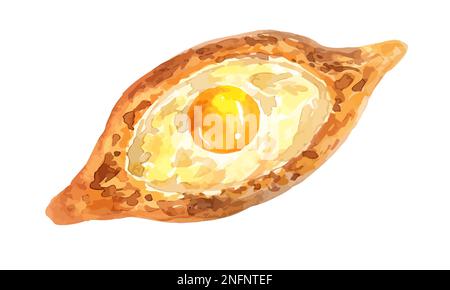 Vettore georgiano alimentare Adjara khachapuri. Pasta con uova e formaggio. Illustrazione del cibo acquerello disegnata a mano. Isolato su sfondo bianco. Illustrazione Vettoriale