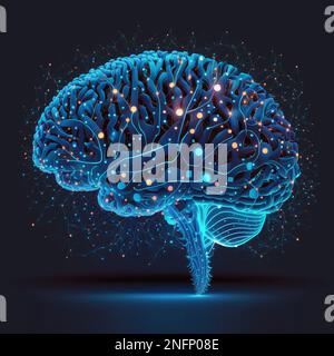 Cervello umano poligonale astratto. Rete neurale. Intelligenza artificiale. Bassa rete in filo di polietilene su sfondo blu. Linee e punti. Foto di alta qualità Foto Stock