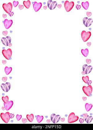 Contorno con il cuore al tema di San Valentino, acquerello disegno a mano, colore rosa e lilla su sfondo bianco. Per imballaggio, matrimonio, tessuto, compleanno Foto Stock