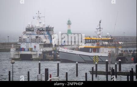 Sassnitz, Germania. 17th Feb, 2023. Le navi sono ormeggiate nel porto di Sassnitz. Secondo le previsioni del servizio meteorologico tedesco (DWD), sono previste squall con velocità del vento tra 60 e 80 chilometri all'ora. Credit: Stefan Sauer/dpa/Alamy Live News Foto Stock