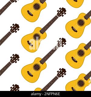Chitarre ukulele gialle modello vettoriale senza cuciture su sfondo bianco. Illustrazione Vettoriale