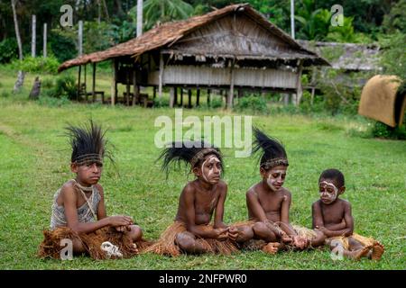 Bambini con headdress fatto di piume di cassowary, il villaggio Mutin, il lago Murray, la provincia occidentale, Papua Nuova Guinea Foto Stock