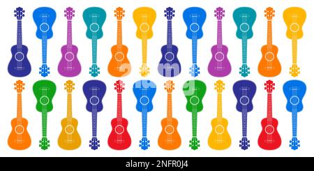 Ukulele colorate su uno sfondo orizzontale bianco, vibrante sfondo vettoriale musicale. Illustrazione Vettoriale