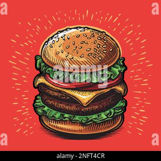 Grande hamburger. Succulenta pop art in stile comico retrò hamburger Illustrazione del vettore fast food Illustrazione Vettoriale