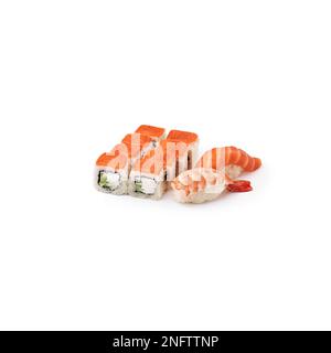 Set sushi roll Philadelphia, sushi salmone, sushi gamberetti sfondo bianco isolato Foto Stock