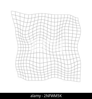 Trama della griglia distorta. Mesh retrofuristica deformata. Rete con effetto curvato. Deformazione del modello a chequered. Superficie reticolare dentellata isolata su Illustrazione Vettoriale