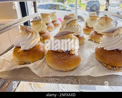 Deliziosa semla appena sfornata o fastlagsbulle o laskiaispulla o vastlakukkel o fastelavnsbolle Foto Stock