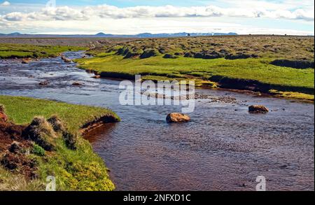 Bella idilliaca natura islandese, fiume naturale in verde brughiera paesaggio - Islanda, altopiani Foto Stock