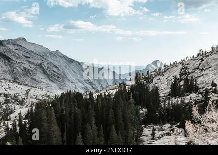 Vista da cartolina sulle montagne, la foresta e le rocce. Natura estrema. Viaggi e avventure. Yosemite Foto Stock