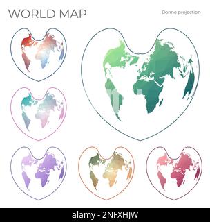 Mappa mondo Poly bassa impostata. Proiezione pseudoconica di area uguale Bonne. Collezione di mappe del mondo in stile geometrico. Illustrazione vettoriale. Illustrazione Vettoriale