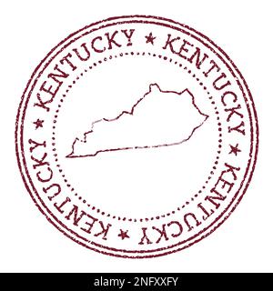 Timbro di gomma rotondo del Kentucky con la nostra mappa di stato. Timbro passaporto rosso vintage con testo circolare e stelle, illustrazione vettoriale. Illustrazione Vettoriale
