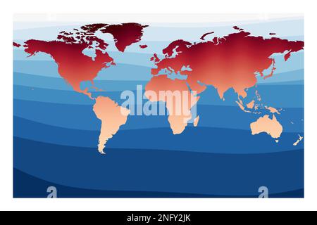 Vettoriale della mappa del mondo. Proiezione stereografica cilindrica. Mondo in rosso-arancione sfumatura sulle profonde onde blu dell'oceano. Illustrazione vettoriale VIBRANT. Illustrazione Vettoriale