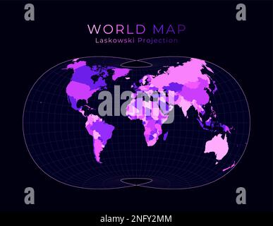Mappa del mondo. Proiezione triottimale Laskowski. Illustrazione digitale del mondo. Colori al neon rosa brillante su sfondo scuro. Elegante illustrazione vettoriale. Illustrazione Vettoriale