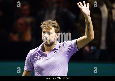 Rotterdam, Paesi Bassi. 17th Feb, 2023. ROTTERDAM, PAESI BASSI - 17 FEBBRAIO: Stan Wawrinka, Svizzera, reagisce durante la sua finale maschile del quarto d’oro contro il peccatore d’Italia Jannik durante il giorno 5 del 50th ABN AMRO Open alla Rotterdam Ahoy il 17 febbraio 2023 a Rotterdam, Paesi Bassi (Foto di Joris Verwijst/BSR Agency) Credit: Orange Pics BV/Alamy Live News Foto Stock