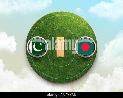 Un'illustrazione 3D di Pakistan vs Bangladesh bandiere sullo stadio di cricket nel cielo Foto Stock