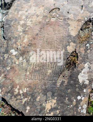 Incisioni rupestri di antichi popoli di una navicella spaziale sconosciuta sulle pietre delle montagne Altai in Siberia durante il giorno. Foto Stock