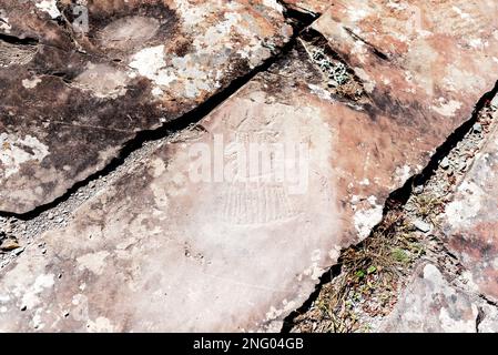 Petroglifici disegni rocciosi di antichi popoli di un'astronave sconosciuta su pietre nei monti Altai in Siberia. Foto Stock