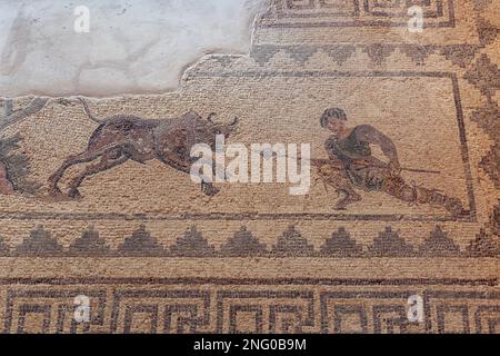 Scena di caccia mosaico in Casa di Dionysos villa romana a Paphos Parco Archeologico a Paphos città, isola di Cipro paese Foto Stock