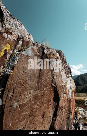 Incisioni rupestri disegni di animali antichi su pietre luminose con muschio dietro il panorama delle montagne Altai. Foto Stock