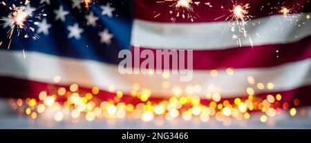 Bandiera americana sfocata con luci bokeh e scintillatori. Quarto di luglio Independence Day sfondo Foto Stock