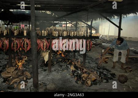 Un lavoratore sta mantenendo la distribuzione di buccia di cocco che brucia che è usato come combustibile per fumare le carni di tonno di skipjack ad un'industria domestica in Bitung, Sulawesi del nord, Indonesia. Secondo la FAO nel loro ultimo rapporto (2022), l'Indonesia è il terzo produttore mondiale di animali acquatici per la pesca e l'acquacoltura. Cinque paesi (Cina, India, Indonesia, Vietnam e Perù) sono responsabili di circa il 58% della produzione mondiale. Secondo la relazione, l'Indonesia è anche uno dei paesi in cui gli alimenti acquatici contribuiscono per la metà o più all'assunzione totale di proteine animali. Foto Stock