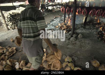 Un operaio trasporta le bucce di cocco che sono usate come combustibile nel processo fumante delle carni di tonno dello skipjack - popolarmente conosciuto come 'cakalang fufu, in Bitung, Sulawesi del nord, Indonesia. Secondo la FAO nel loro ultimo rapporto (2022), l'Indonesia è il terzo produttore mondiale di animali acquatici per la pesca e l'acquacoltura. Cinque paesi (Cina, India, Indonesia, Vietnam e Perù) sono responsabili di circa il 58% della produzione mondiale. Secondo la relazione, l'Indonesia è anche uno dei paesi in cui gli alimenti acquatici contribuiscono per la metà o più all'assunzione totale di proteine animali. Foto Stock