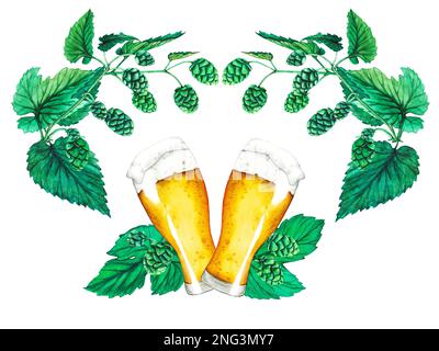 Bicchiere di birra, luppolo e foglie. Collezione di birre acquerello Foto Stock