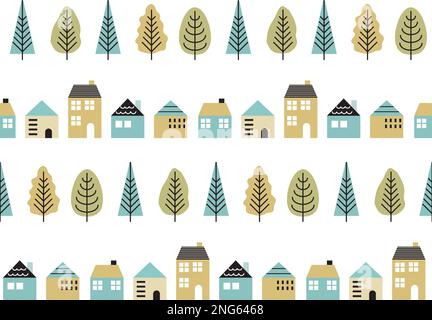 Senza cuciture di paesaggi e alberi scandinavi. Le icone semplici cute della casa e dell'albero sono allineate. Illustrazione Vettoriale