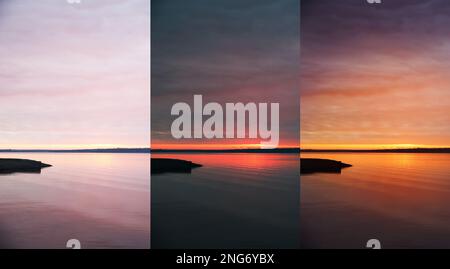 Foto prima e dopo il ritocco, collage. Vista pittoresca del tramonto sul fiume Foto Stock