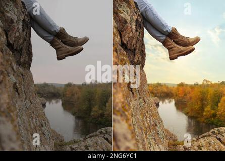 Foto prima e dopo il ritocco, collage. Donna che indossa stivali da trekking alla scogliera ripida, primo piano Foto Stock