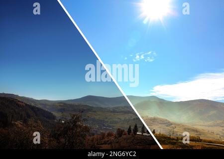 Foto prima e dopo il ritocco, collage. Paesaggio pittoresco con un bel cielo sopra le montagne Foto Stock
